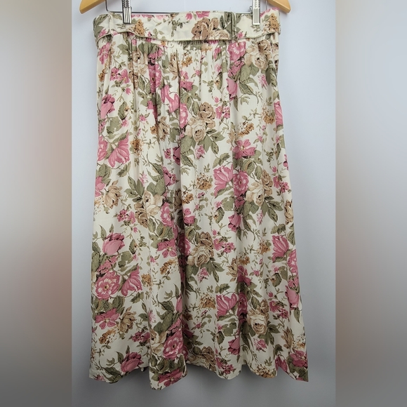 Functionals vintage A-Line floral midi skirt w/ belt, elastic waist & pockets - Picture 2 of 8